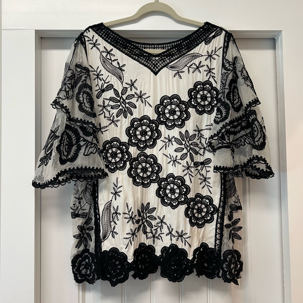 Sapphire Woman’s Blouse With Sheer Sleeves Embroidery Crochet Details At Neck